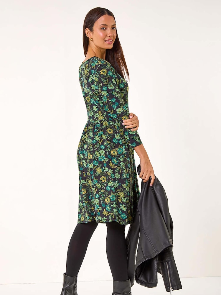 Roman Green Floral Print Button Detail V-Neck Dress - Image 2 of 5