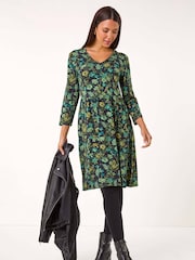Roman Green Floral Print Button Detail V-Neck Dress - Image 3 of 5