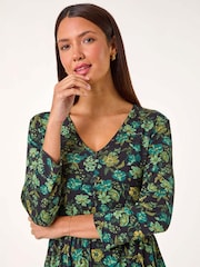 Roman Green Floral Print Button Detail V-Neck Dress - Image 4 of 5