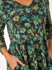 Roman Green Floral Print Button Detail V-Neck Dress - Image 5 of 5