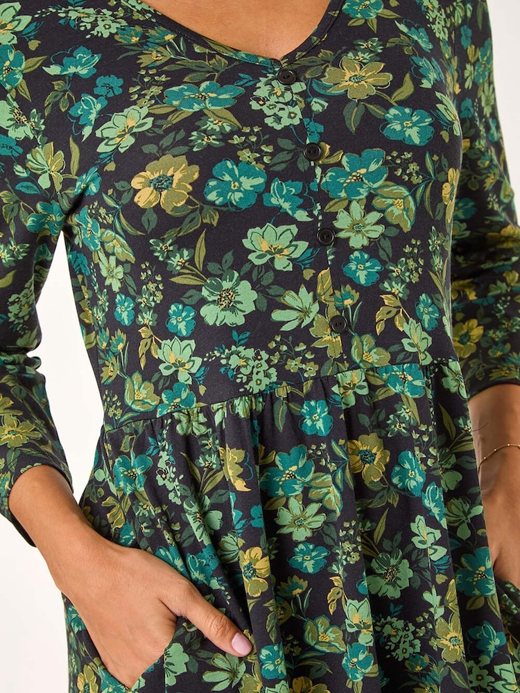 Roman Green Floral Print Button Detail V-Neck Dress - Image 5 of 5