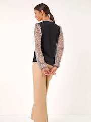 Roman Natural Contrast Animal Print Mesh Stretch Top - Image 4 of 6