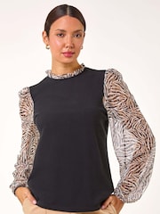 Roman Natural Contrast Animal Print Mesh Stretch Top - Image 5 of 6