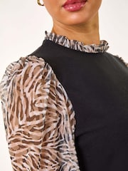 Roman Natural Contrast Animal Print Mesh Stretch Top - Image 6 of 6