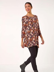 Roman Orange Floral Print Jersey Tunic Top - Image 1 of 6