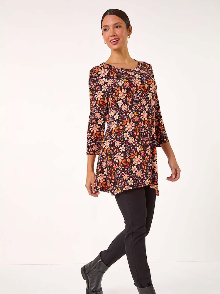 Roman Orange Floral Print Jersey Tunic Top - Image 1 of 6