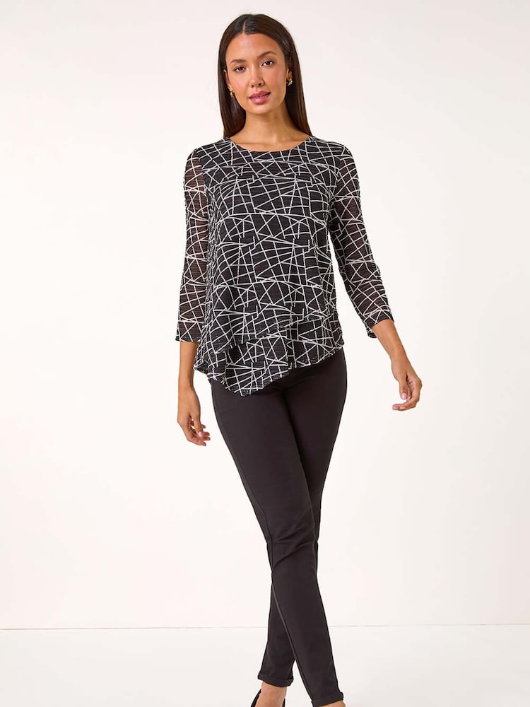 Roman Black Linear Print Asymmetric Hem Stretch Top - Image 2 of 5 Roman Black Linear Print Asymmetric Hem Stretch Top - Image 2 of 5