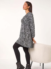 Roman Grey Leaf Print V-Neck Stretch Dress - Image 1 of 5