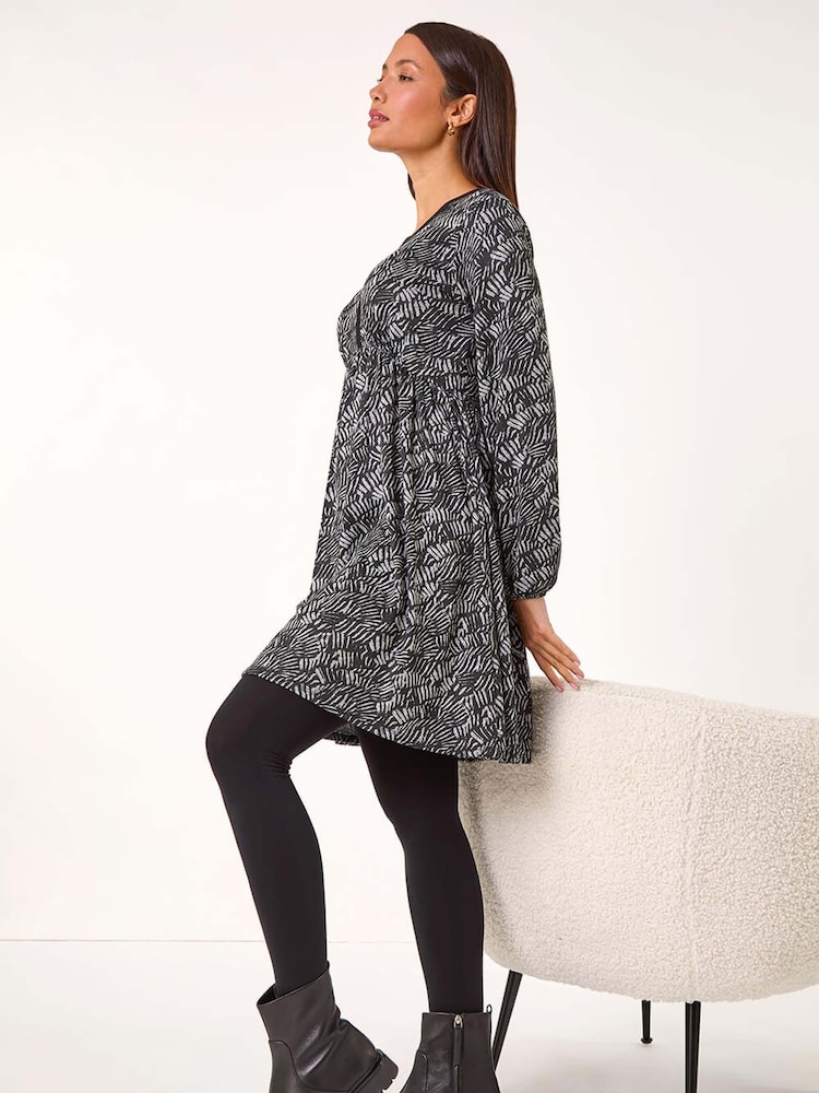 Roman Grey Leaf Print V-Neck Stretch Dress - Image 1 of 5