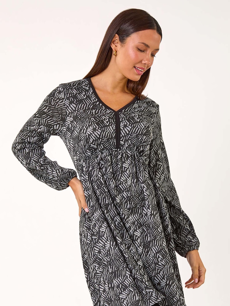 Roman Grey Leaf Print V-Neck Stretch Dress - Image 2 of 5