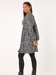 Roman Grey Leaf Print V-Neck Stretch Dress - Image 3 of 5