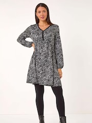 Roman Grey Leaf Print V-Neck Stretch Dress - Image 4 of 5