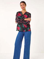 Roman Red Floral Print Notch Neck Top - Image 2 of 5