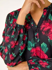 Roman Red Floral Print Notch Neck Top - Image 3 of 5