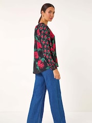 Roman Red Floral Print Notch Neck Top - Image 4 of 5
