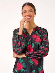 Roman Red Floral Print Notch Neck Top - Image 5 of 5
