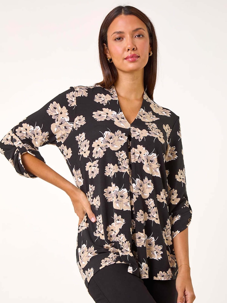 Roman Floral V-Neck Pleat Front Stretch Top - Imagen 1 de 6 Roman Floral V-Neck Pleat Front Stretch Top - Imagen 1 de 6