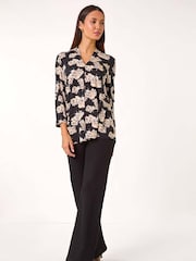 Roman Floral V-Neck Pleat Front Stretch Top - Imagen 4 de 6
