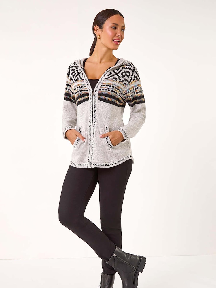 Roman Grey Nordic Print Knitted Zip Up Hoodie - Image 1 of 5