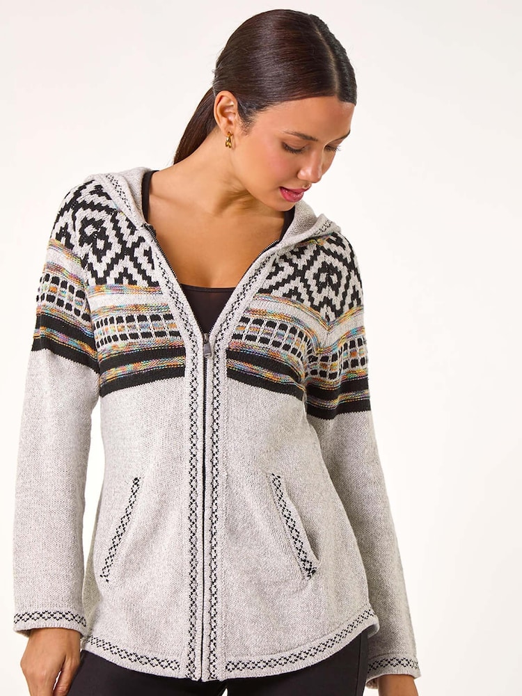 Roman Grey Nordic Print Knitted Zip Up Hoodie - Image 2 of 5