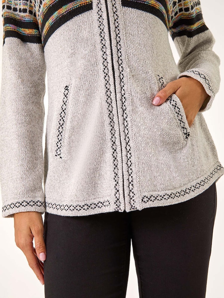 Roman Grey Nordic Print Knitted Zip Up Hoodie - Image 5 of 5