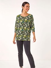 Roman Green Floral Print Stretch Batwing Top - Image 1 of 5