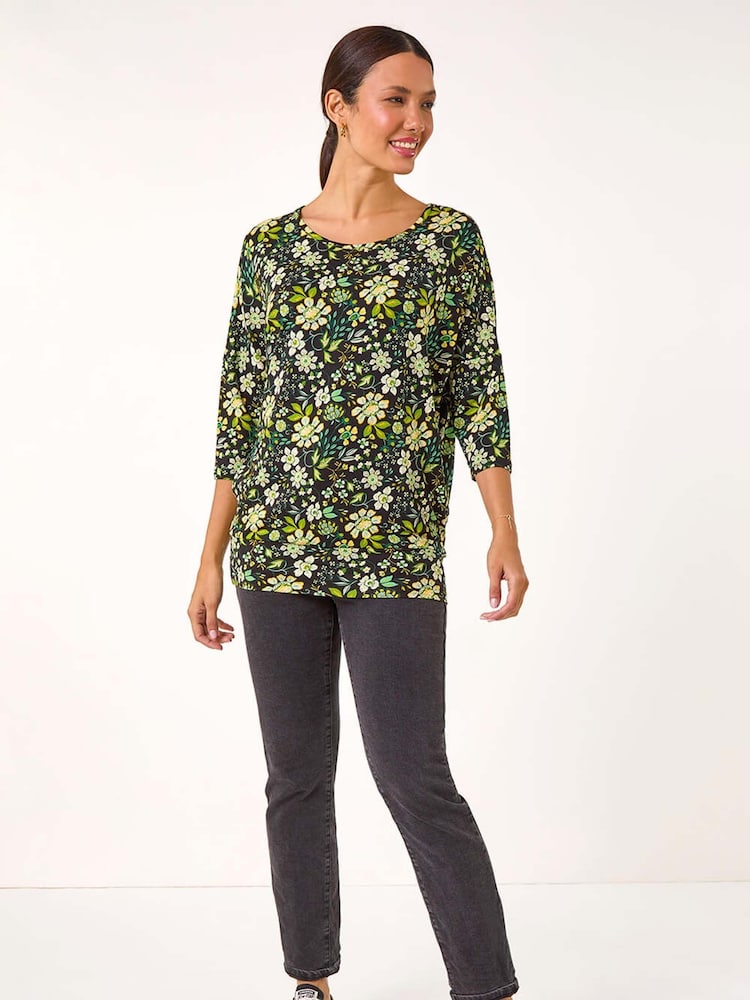 Roman Green Floral Print Stretch Batwing Top - Image 1 of 5
