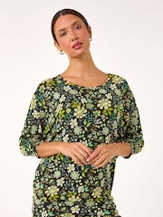 Roman Green Floral Print Stretch Batwing Top - Image 2 of 5
