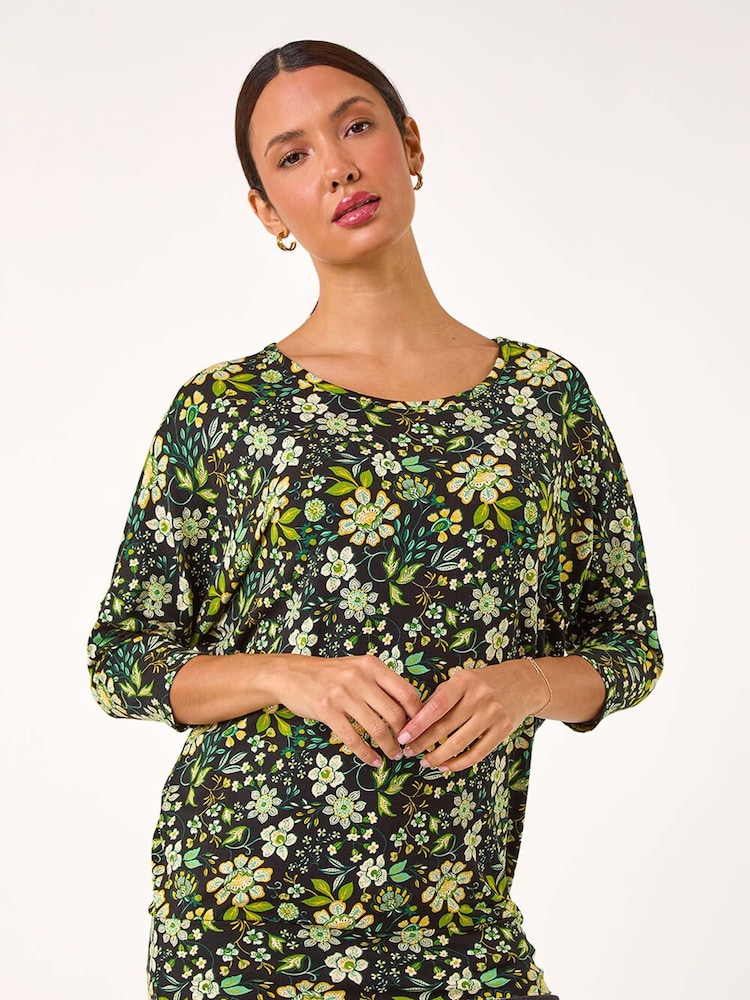 Roman Green Floral Print Stretch Batwing Top - Image 2 of 5