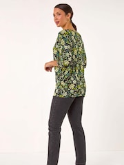 Roman Green Floral Print Stretch Batwing Top - Image 3 of 5