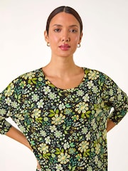 Roman Green Floral Print Stretch Batwing Top - Image 4 of 5