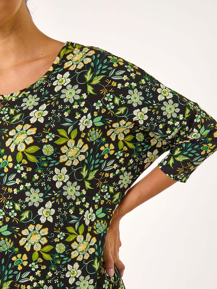 Roman Green Floral Print Stretch Batwing Top - Image 5 of 5