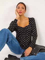 Roman Black Printed Stretch Sweetheart Neck Top - Image 1 of 5