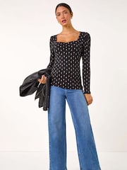 Roman Black Printed Stretch Sweetheart Neck Top - Image 2 of 5