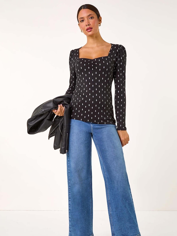 Roman Black Printed Stretch Sweetheart Neck Top - Image 2 of 5