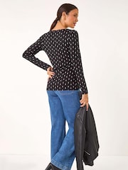 Roman Black Printed Stretch Sweetheart Neck Top - Image 3 of 5