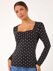 Roman Black Printed Stretch Sweetheart Neck Top - Image 4 of 5