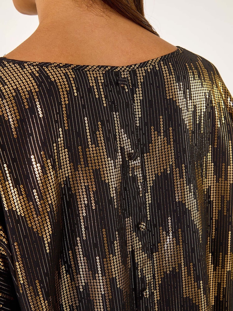 Roman Black Oversized Foil Print Button Detail T-Shirt - Image 6 of 6