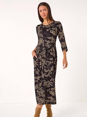 Roman Brown Paisley Pocket Stretch Midi Dress - Image 3 of 5
