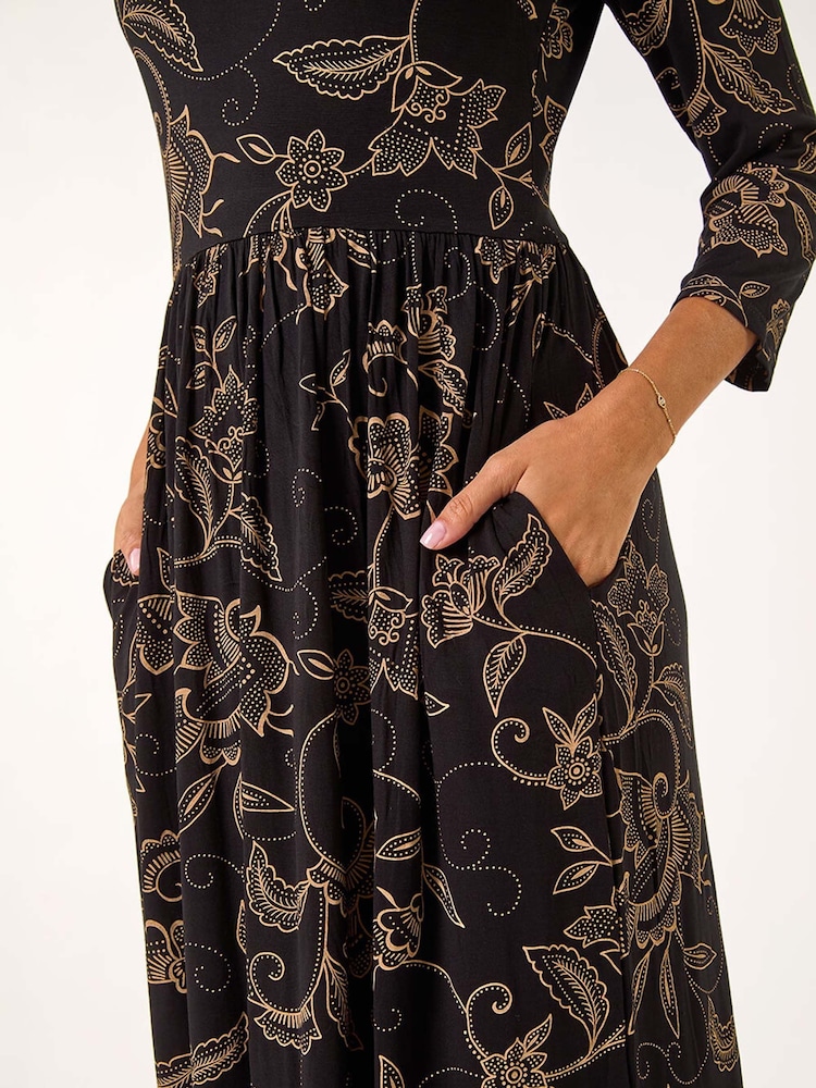 Roman Brown Paisley Pocket Stretch Midi Dress - Image 5 of 5