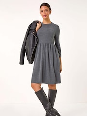 Roman Grey Plain Ribbed Gathered Waist Dress - Image 2 of 5