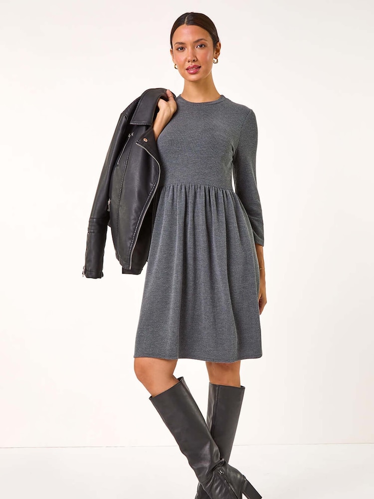 Roman Grey Plain Ribbed Gathered Waist Dress - Image 2 of 5