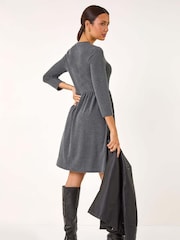 Roman Grey Plain Ribbed Gathered Waist Dress - Image 3 of 5