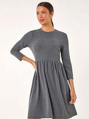 Roman Grey Plain Ribbed Gathered Waist Dress - Image 4 of 5