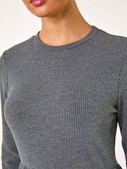 Roman Grey Plain Ribbed Gathered Waist Dress - Image 5 of 5