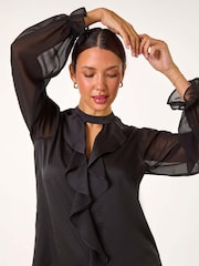 Black - Roman Ruffle Front Keyhole Satin Top - Image 1 of 5