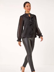 Black - Roman Ruffle Front Keyhole Satin Top - Image 2 of 5