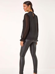 Black - Roman Ruffle Front Keyhole Satin Top - Image 3 of 5