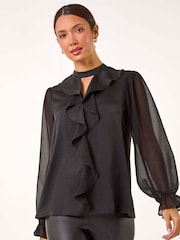 Black - Roman Ruffle Front Keyhole Satin Top - Image 4 of 5