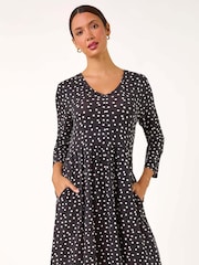 Roman Black Spot Print Button Detail V-Neck Dress - Image 1 of 6